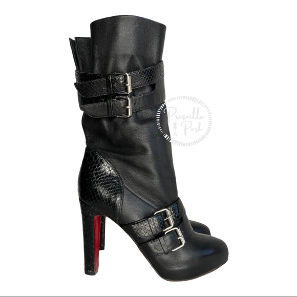 Christian Louboutin Shoes - Christian Louboutin Women's Black Loubi Bike 140 Leather And Python Boots EU 38